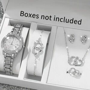 Brand New 6pc Silver Watch Necklace, Bracelet, Earrings & Ring Size 7.5